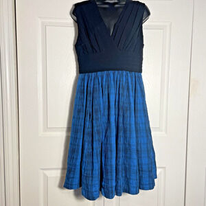 Tracy Reese Dress Women 10 Black Deepwater Blue Plaid Contrast‎ Frock Pockets